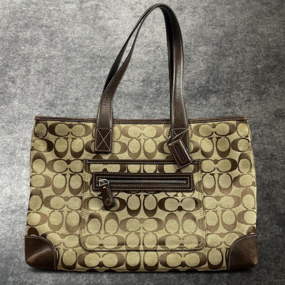 Vintage Coach 6082 Signature C Monogram Khaki Brown Jacquard Tote Bag Y2K